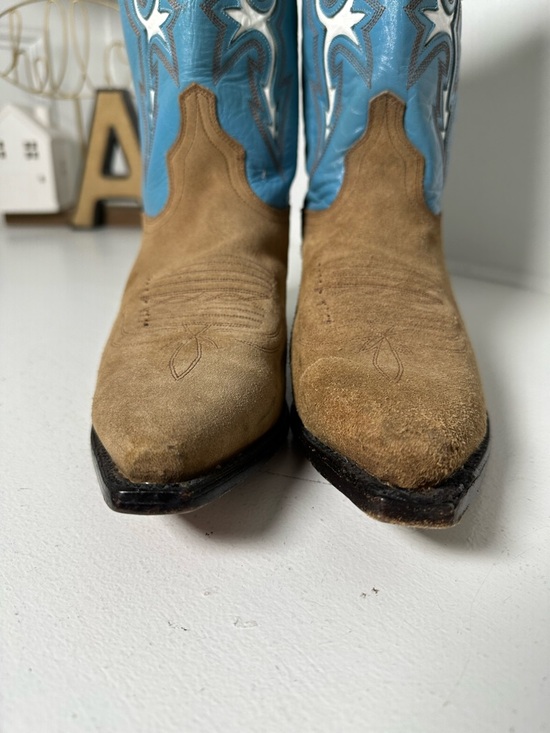 Dan Post Cowgirl Boots Womens 8.5M Genuine Cowhide Tan Blue Western Suede - Picture 4 of 9